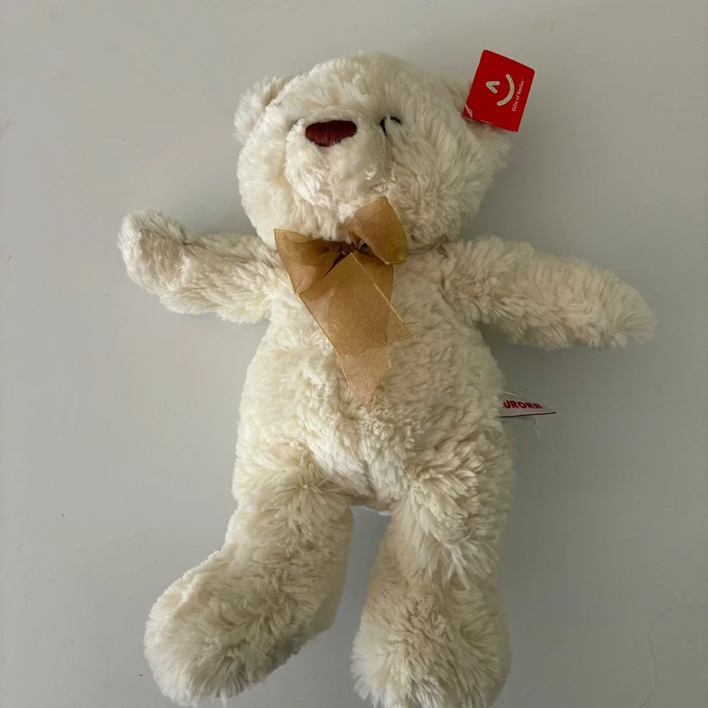 Aurora World Belle Cream Shaggy Teddy Bear Bow Plush Stuffed Animal 12 inch